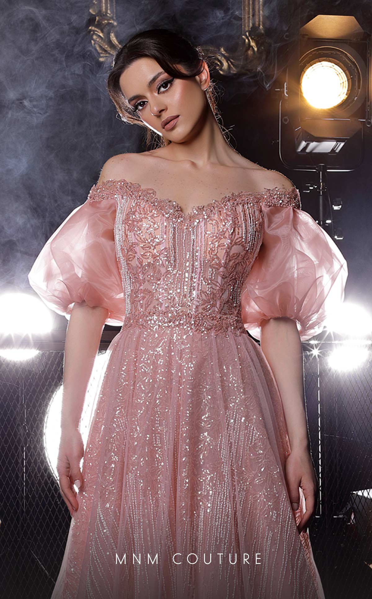 MNM Couture K3971 Pink Off-Shoulder Puff Sleeve Gown