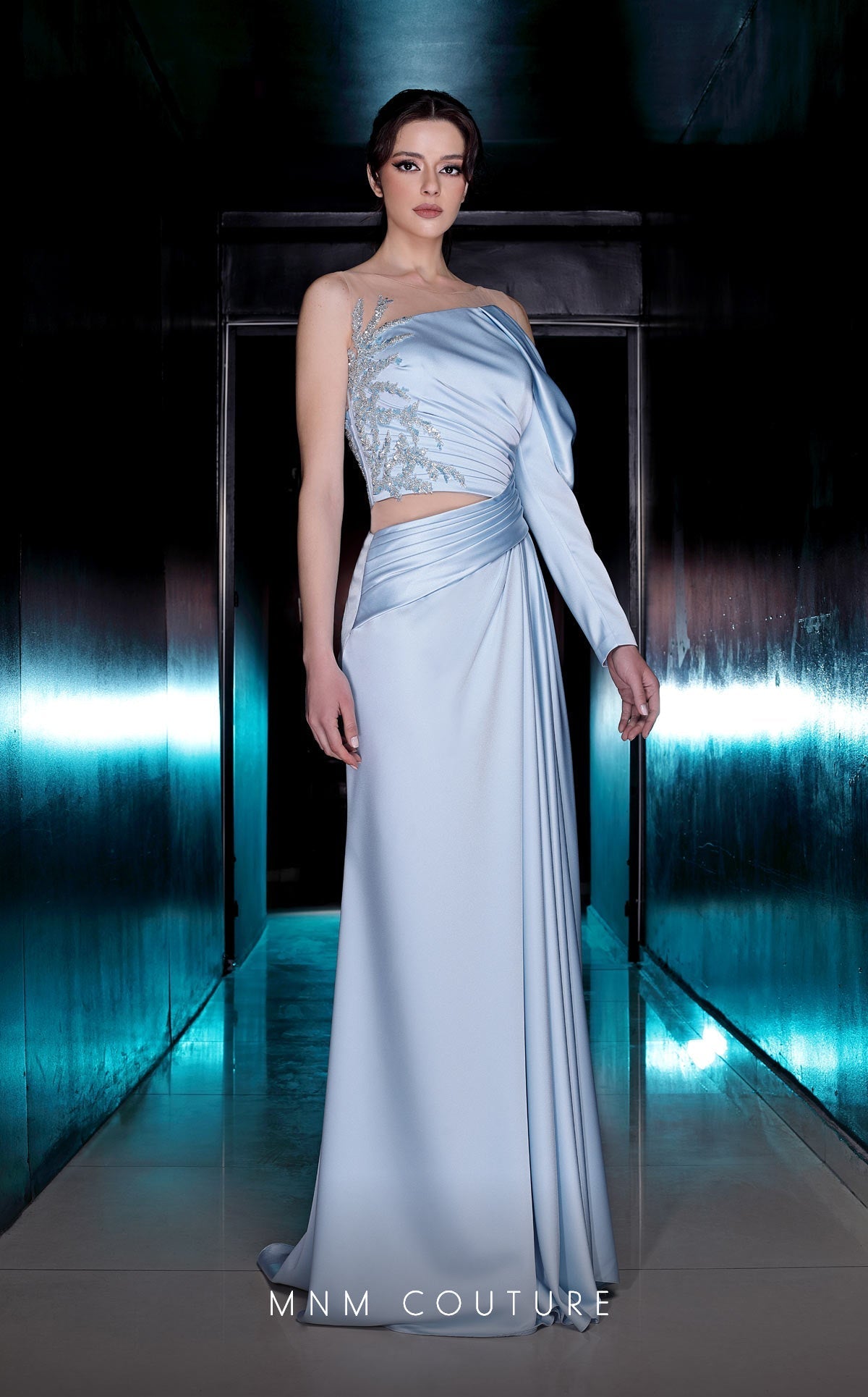 MNM Couture K3987 One-Shoulder Satin Gown with Beading, Light Blue, Size 4