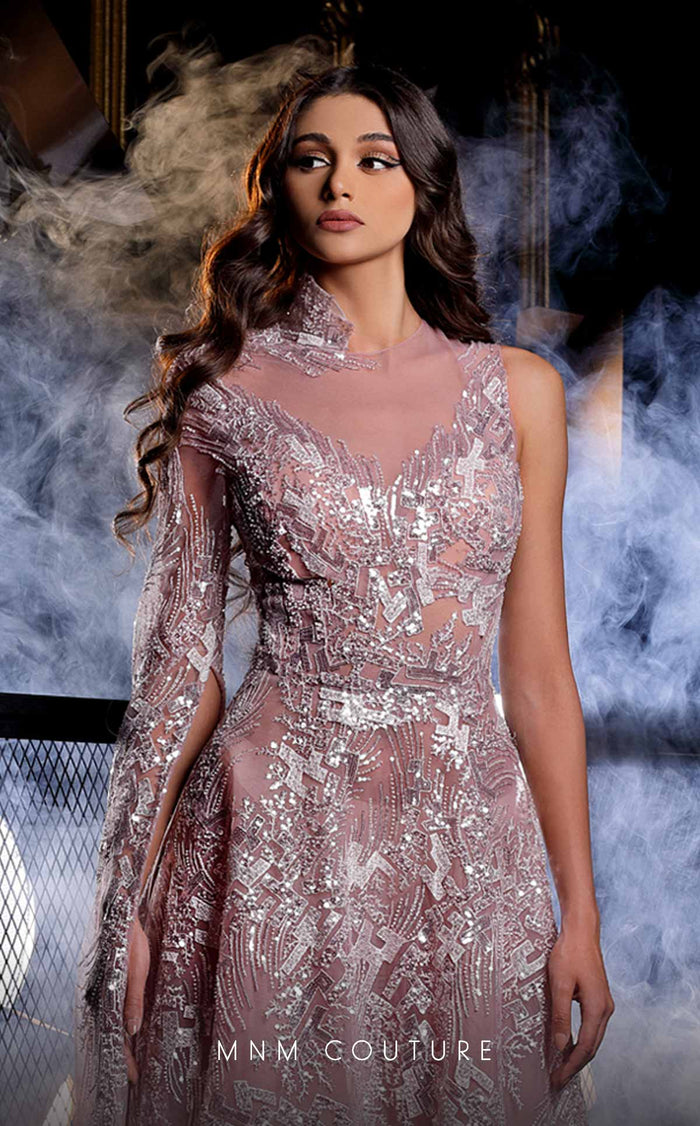 MNM Couture K3990 One-Shoulder Embellished Gown in Purple