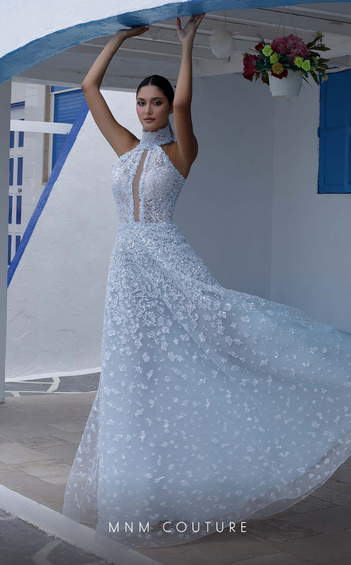 MNM Couture K3997 High Neck Light Blue Beaded A-Line Gown