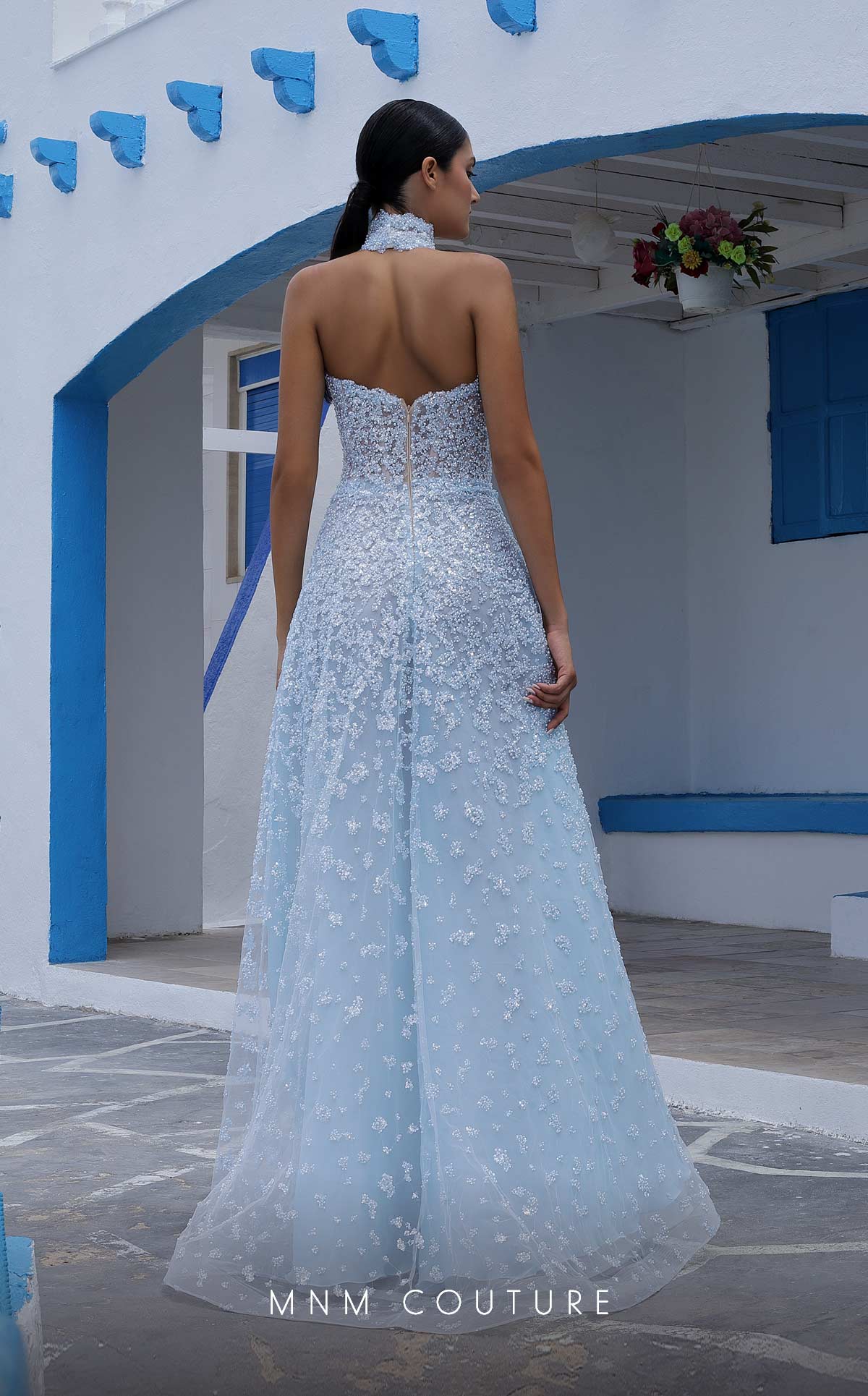 MNM Couture K3997 High Neck Light Blue Beaded A-Line Gown