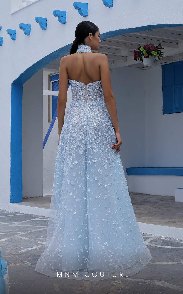 MNM Couture K3997 High Neck Light Blue Beaded A-Line Gown