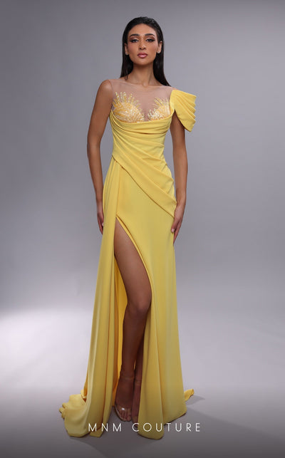 MNM Couture K4085 Fuchsia Off-Shoulder Gown with Beading & Slit
