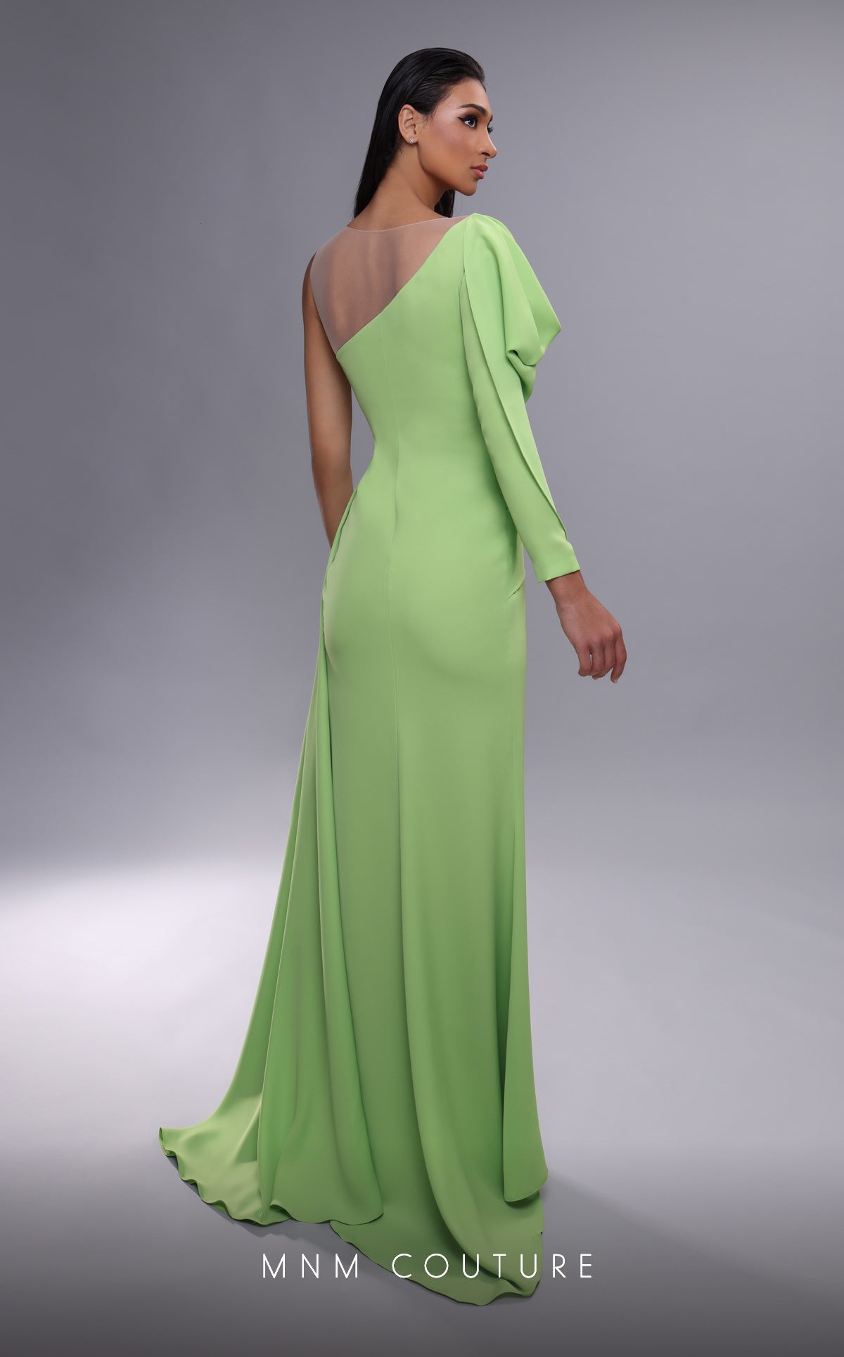 MNM Couture K4086 Orange Gown with Draped Puff Sleeves & High Slit