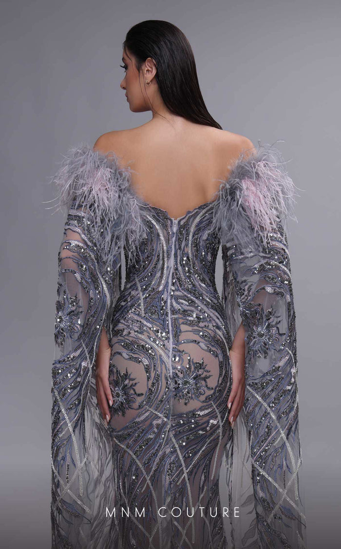 MNM Couture K4097 Grey Beaded Mermaid Gown with Feathers