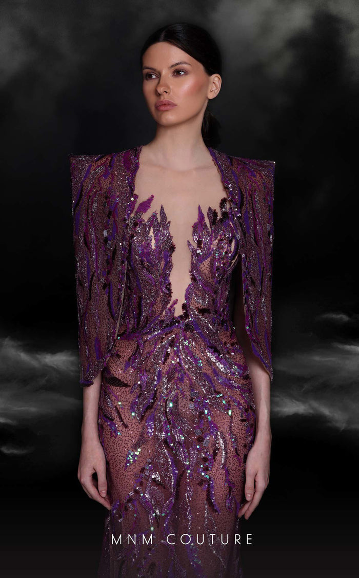MNM Couture K4101 Purple Mermaid Gown with Illusion Bodice & Bolero