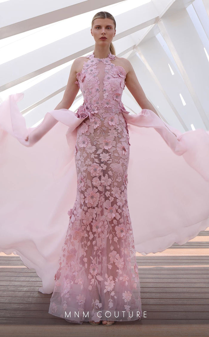 MNM Couture K4128 Pink 3D Floral Illusion Gown