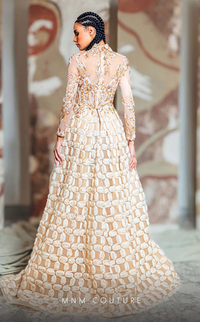 MNM Couture K4149 High-Neck Embellished Sheer Gown in Beige