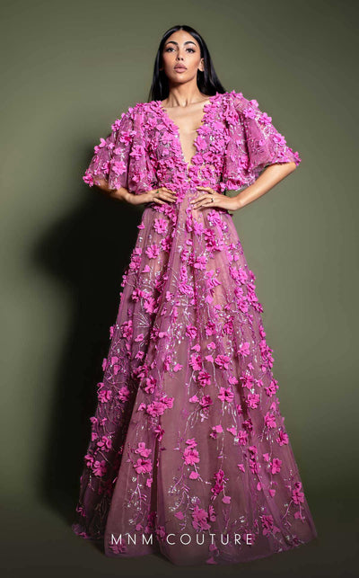 MNM Couture K4198 Fuchsia Floral Appliqué Gown