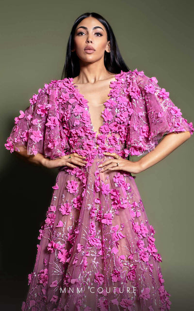 MNM Couture K4198 Fuchsia Floral Appliqué Gown