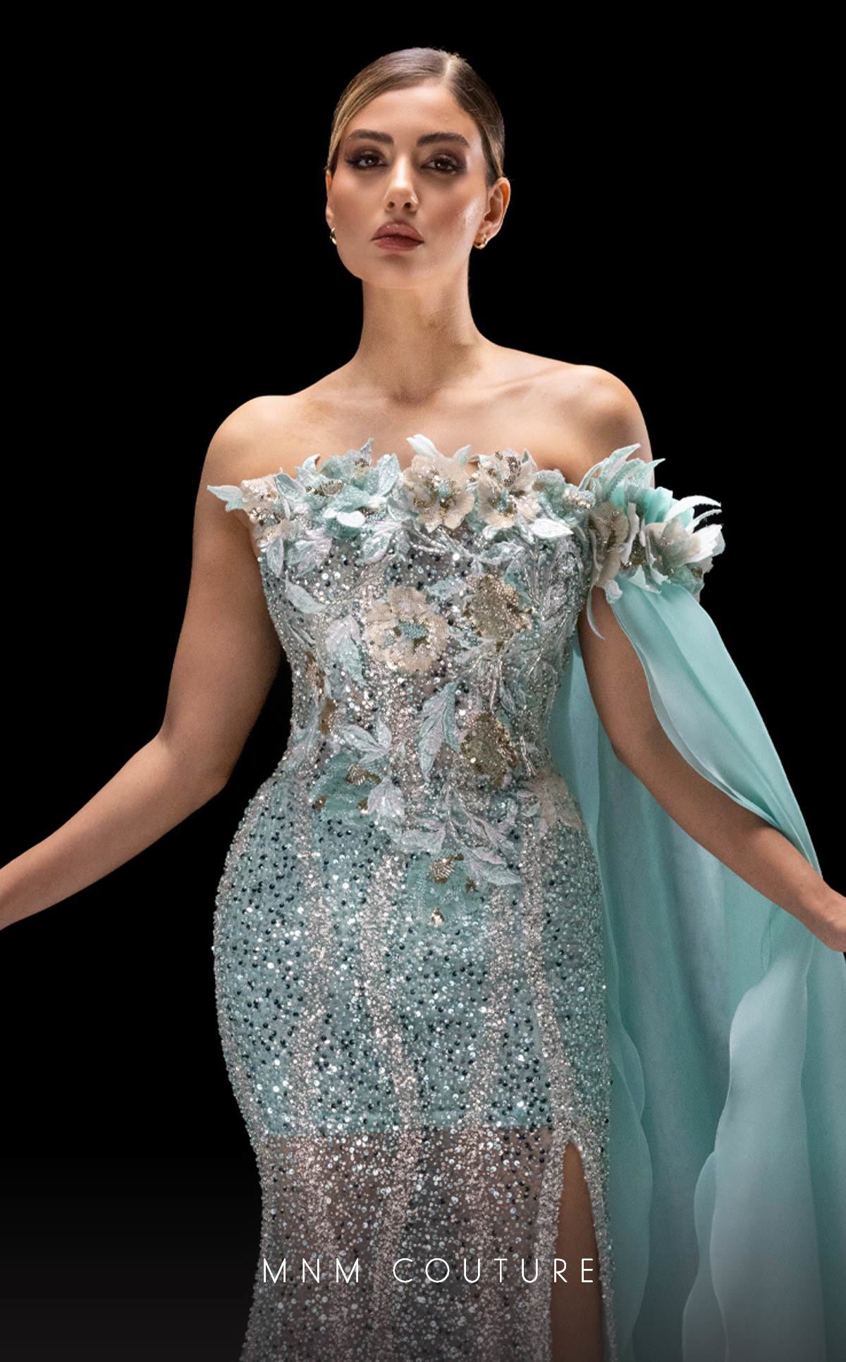 MNM Couture K4221 Aqua Off-Shoulder Evening Gown