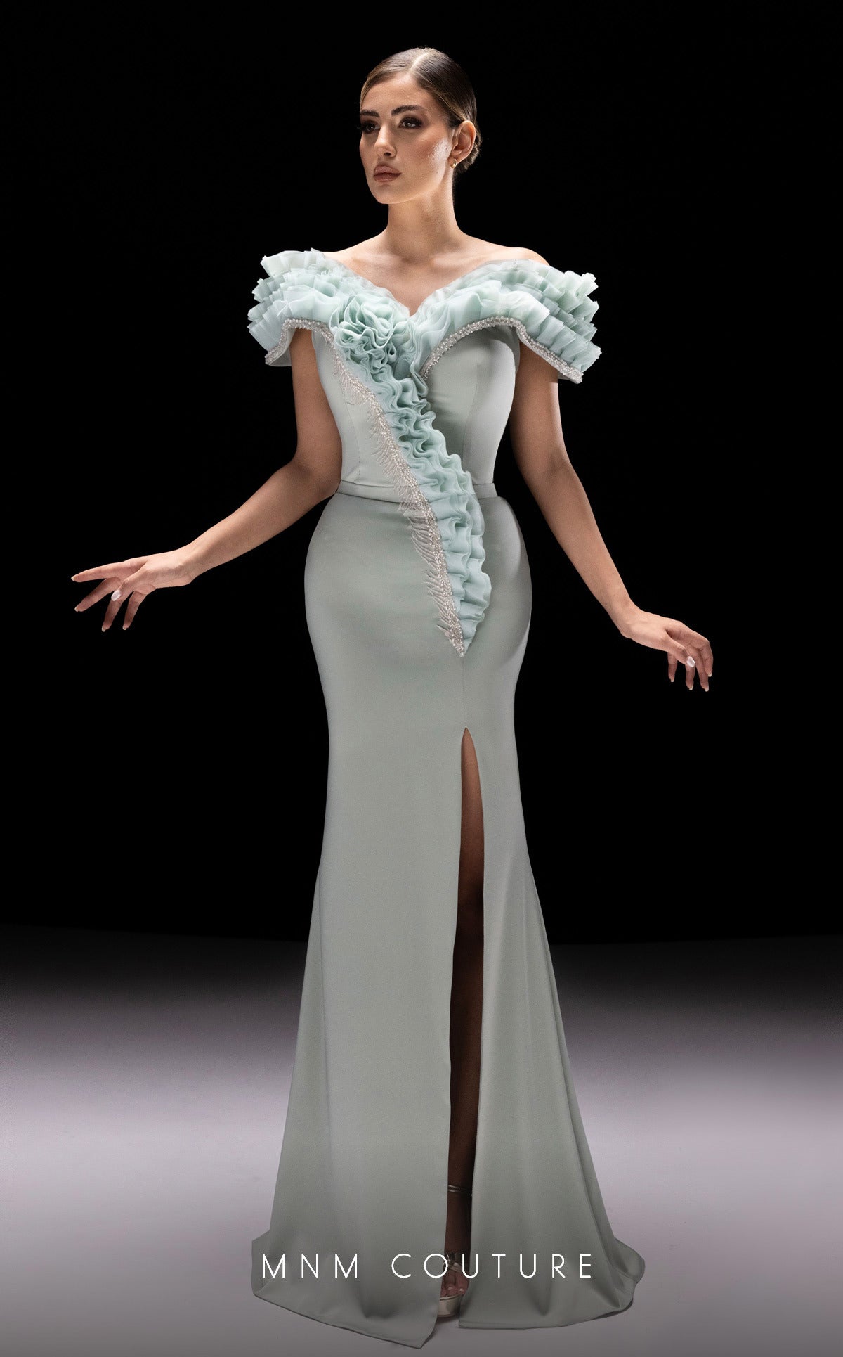 MNM Couture K4228 Aqua Off-Shoulder Evening Gown