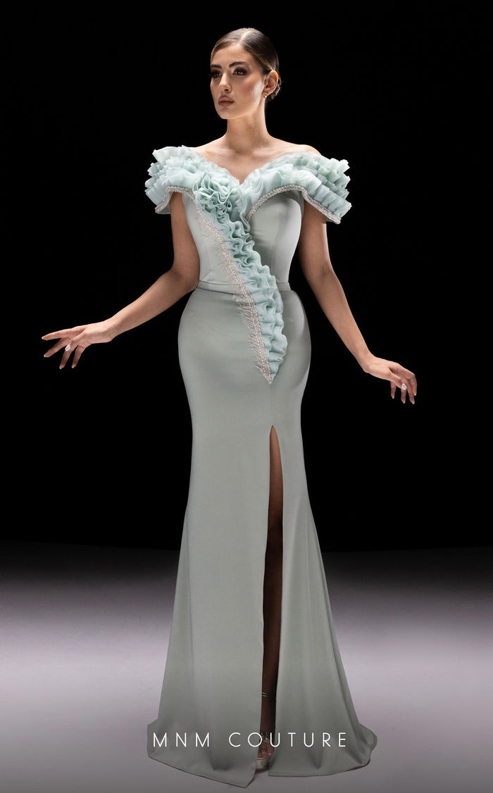 MNM Couture K4228 Aqua Off-Shoulder Evening Gown