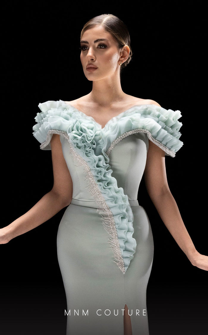 MNM Couture K4228 Aqua Off-Shoulder Evening Gown