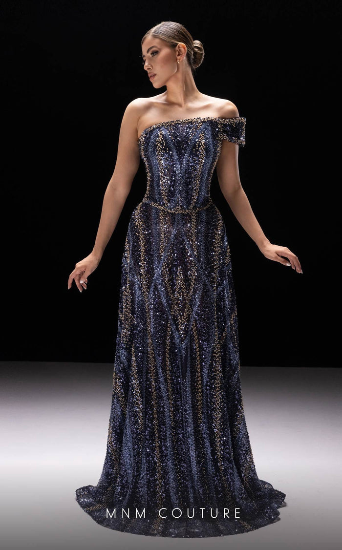 MNM Couture K4240 Navy Off-Shoulder Beaded Gown