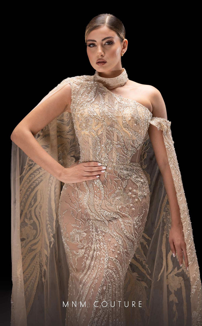 MNM Couture K4241 One-Shoulder Long Gown in Beige