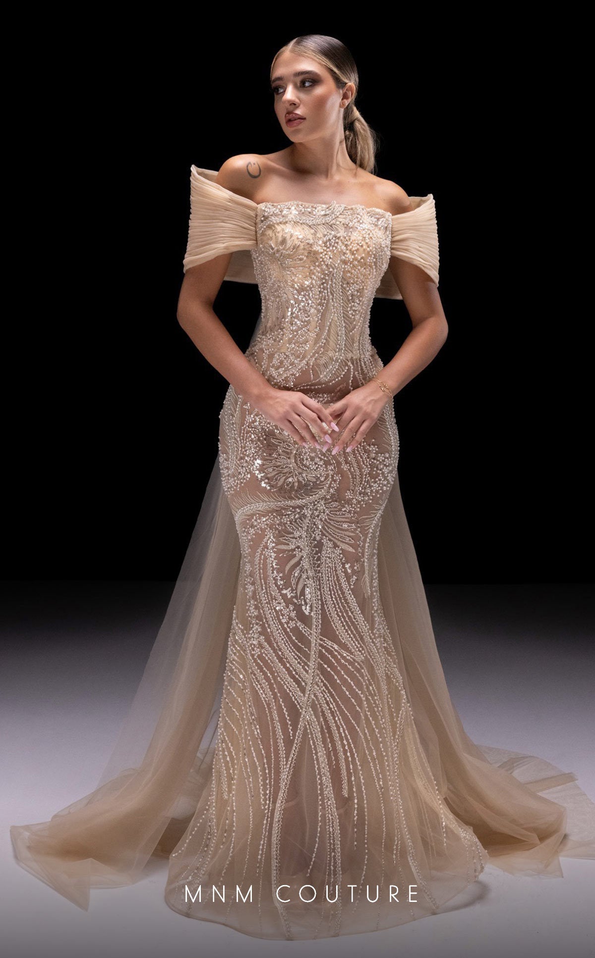 MNM Couture K4246 Off-Shoulder Beige Evening Gown