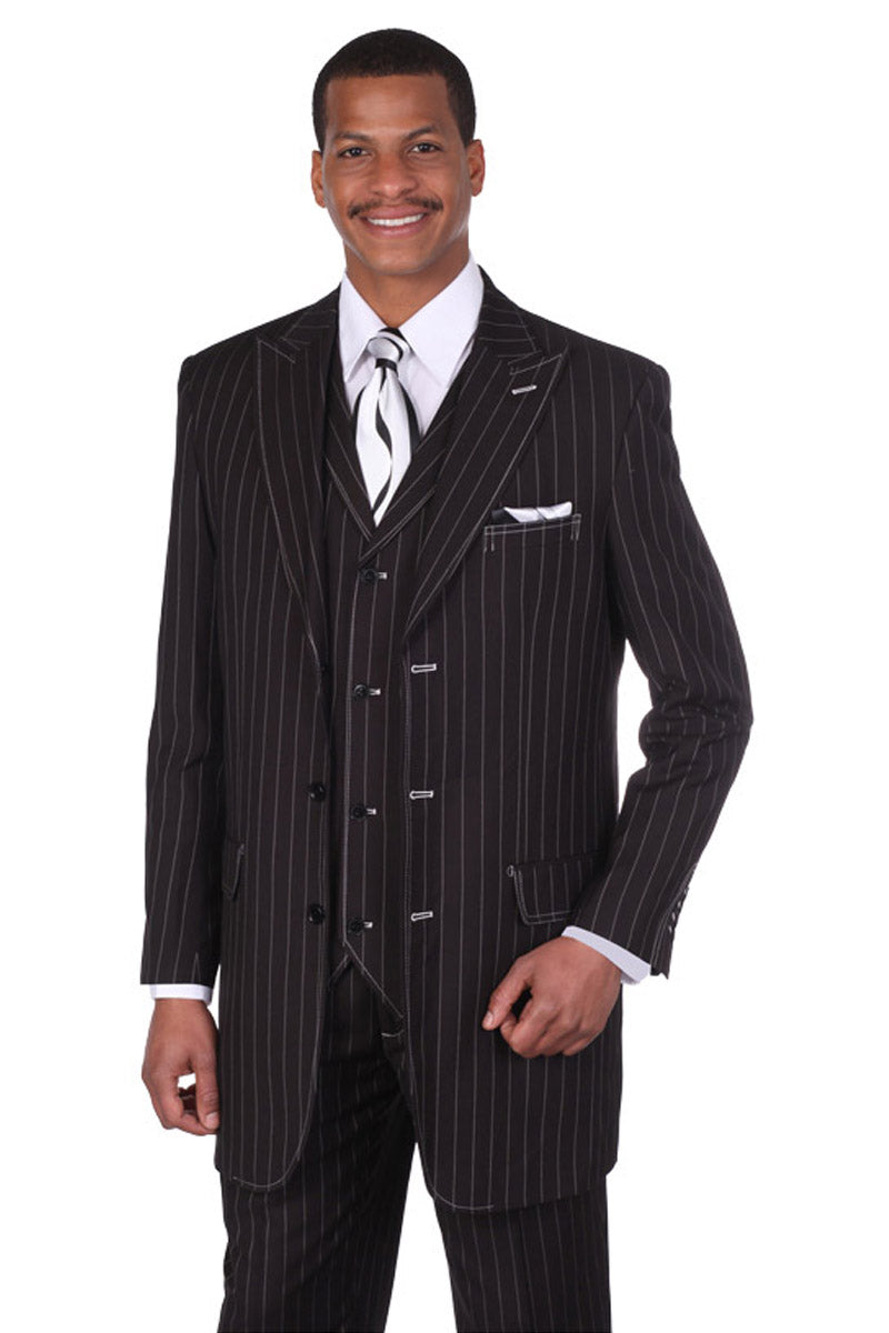1920s Gangster Pinstripe 3-Button Suit, Black/White