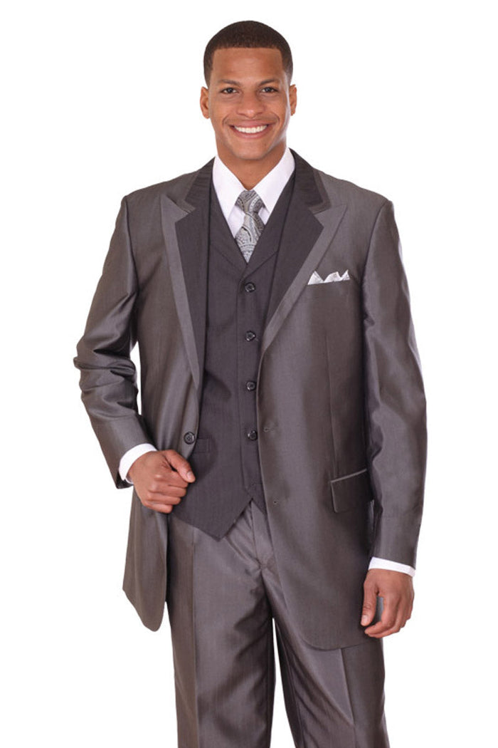 Mens 3 Button Fashion Suit with Wide Trimmed Peak Lapel in Black