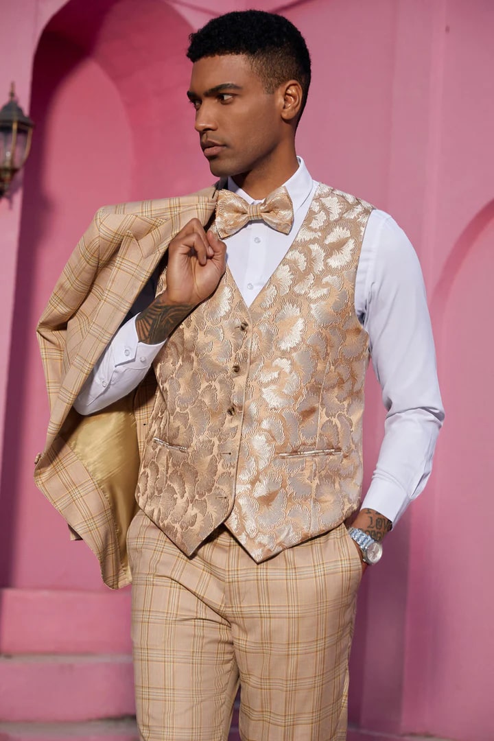 Tan Peak Lapel Tuxedo for Grooms and Weddings