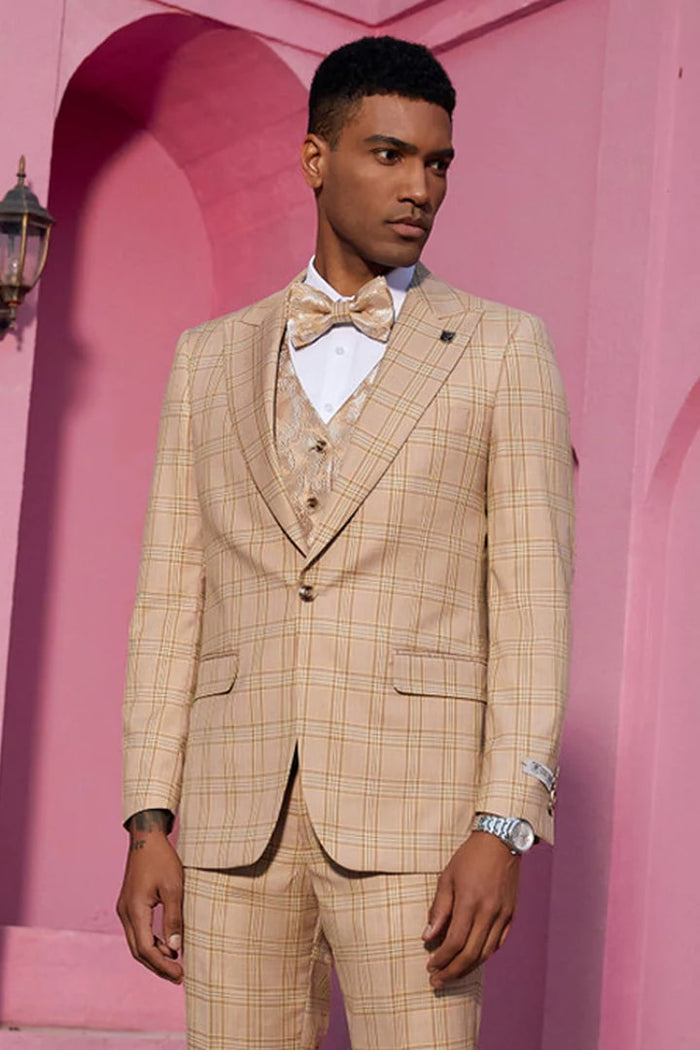 Tan Peak Lapel Tuxedo for Grooms and Weddings