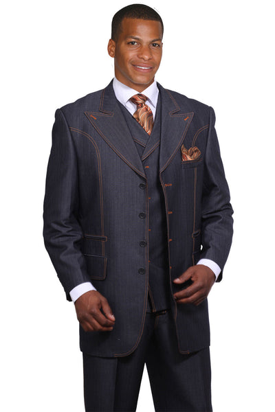 Mens 4 Button Peak Lapel Vested Denim Suit in Navy
