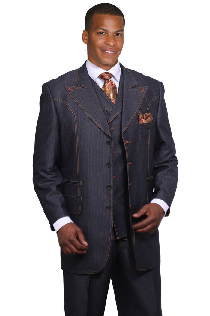 Mens 4 Button Peak Lapel Vested Denim Suit in Navy