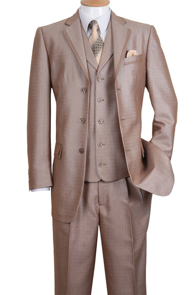 Tan 3 Button Vested Suit with Lapel Trim
