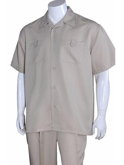 Men's 5 Button Casual Short Sleeve Solid Khaki 100% Polyester Casual Two Piece Walking Outfit For Sale Pant Sets Suits