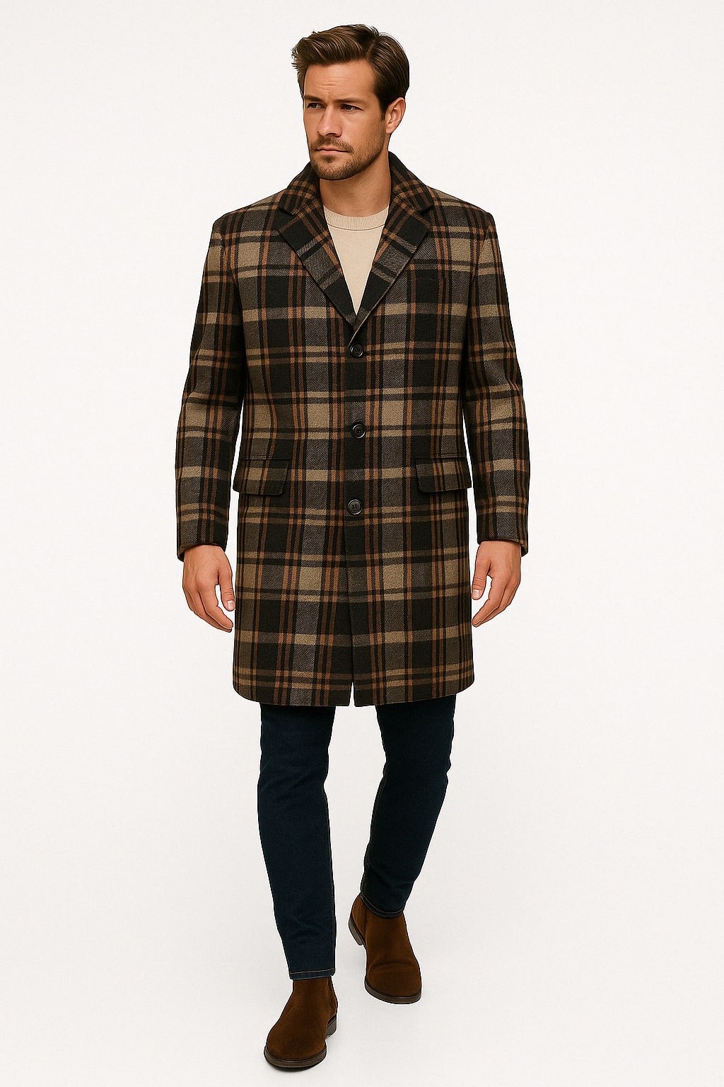 Plaid Wool Overcoat for Men in Khaki & Brown