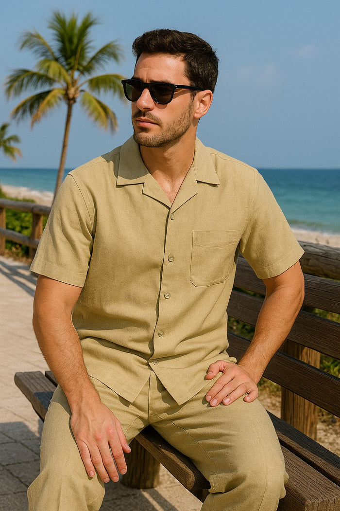 Khaki Men's Big Size Linen 2 Piece Short Sleeve Casual Outfit Casual Two Piece Mens Walking Outfit For Sale Pant Sets Suit