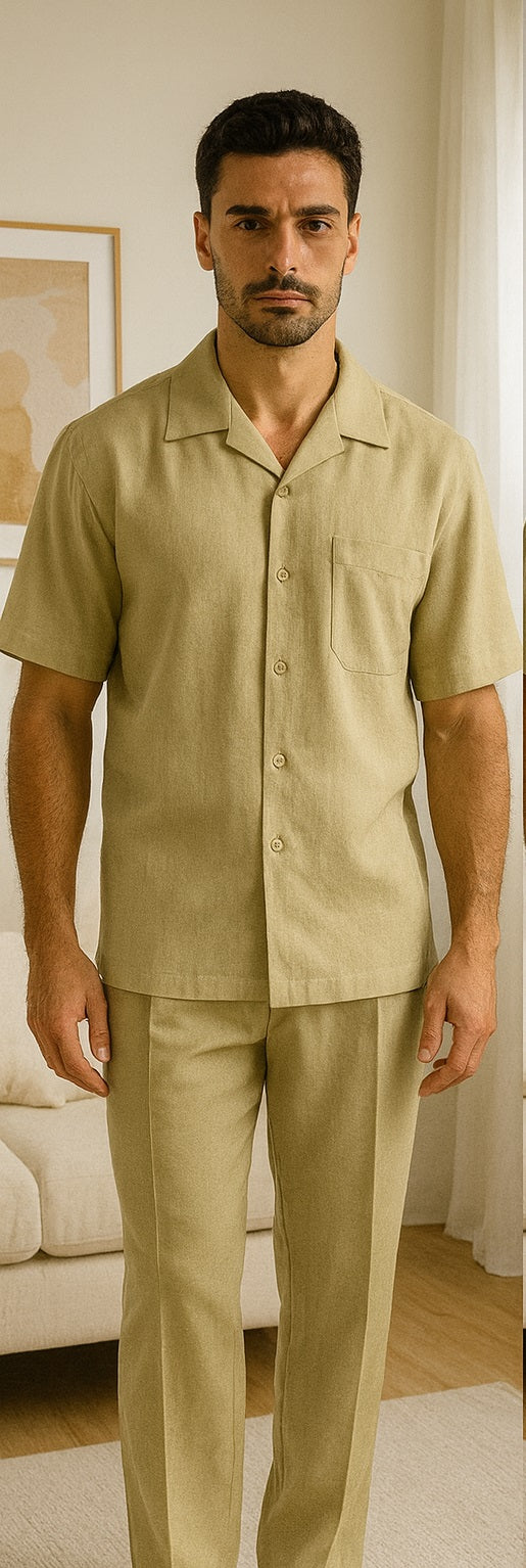 Khaki Men's Big Size Linen 2 Piece Short Sleeve Casual Outfit Casual Two Piece Mens Walking Outfit For Sale Pant Sets Suit