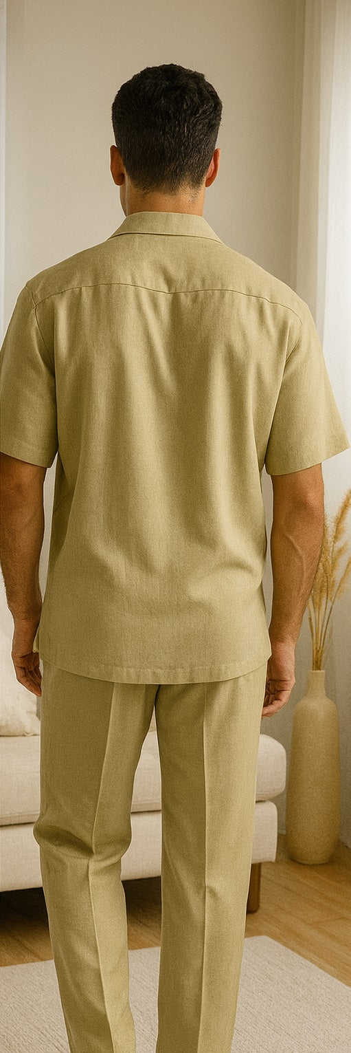 Khaki Men's Big Size Linen 2 Piece Short Sleeve Casual Outfit Casual Two Piece Mens Walking Outfit For Sale Pant Sets Suit