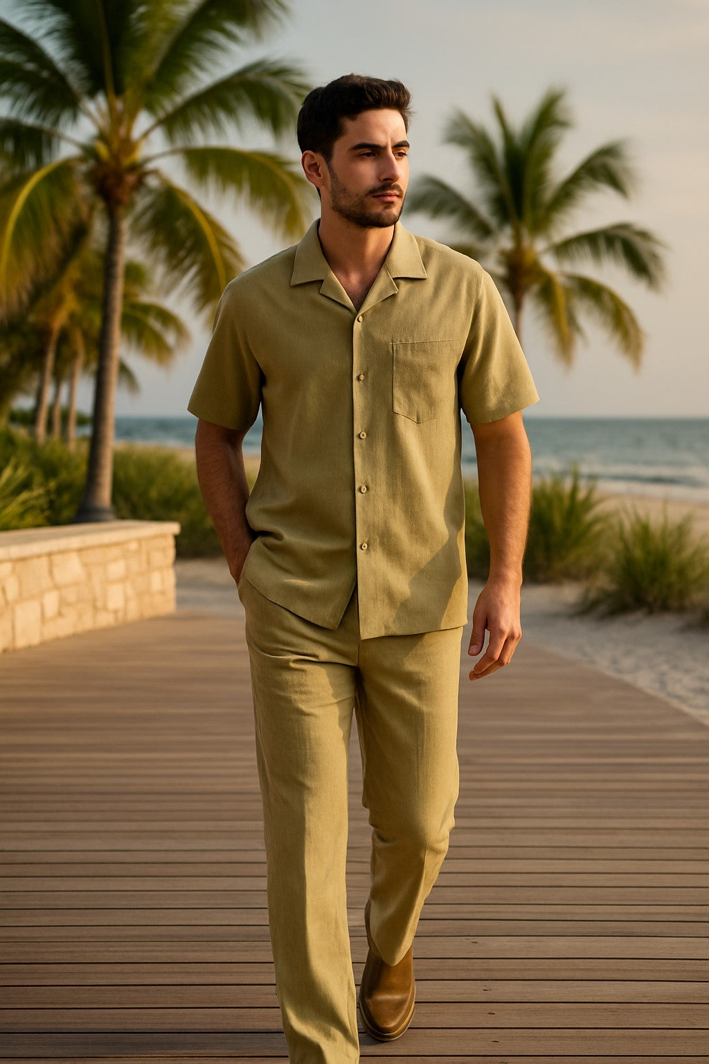 Khaki Men's Big Size Linen 2 Piece Short Sleeve Casual Outfit Casual Two Piece Mens Walking Outfit For Sale Pant Sets Suit