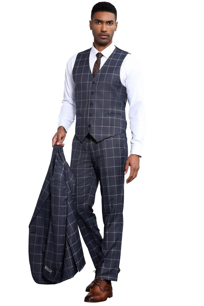 Stacy Adams Charcoal Windowpane Vested Suit