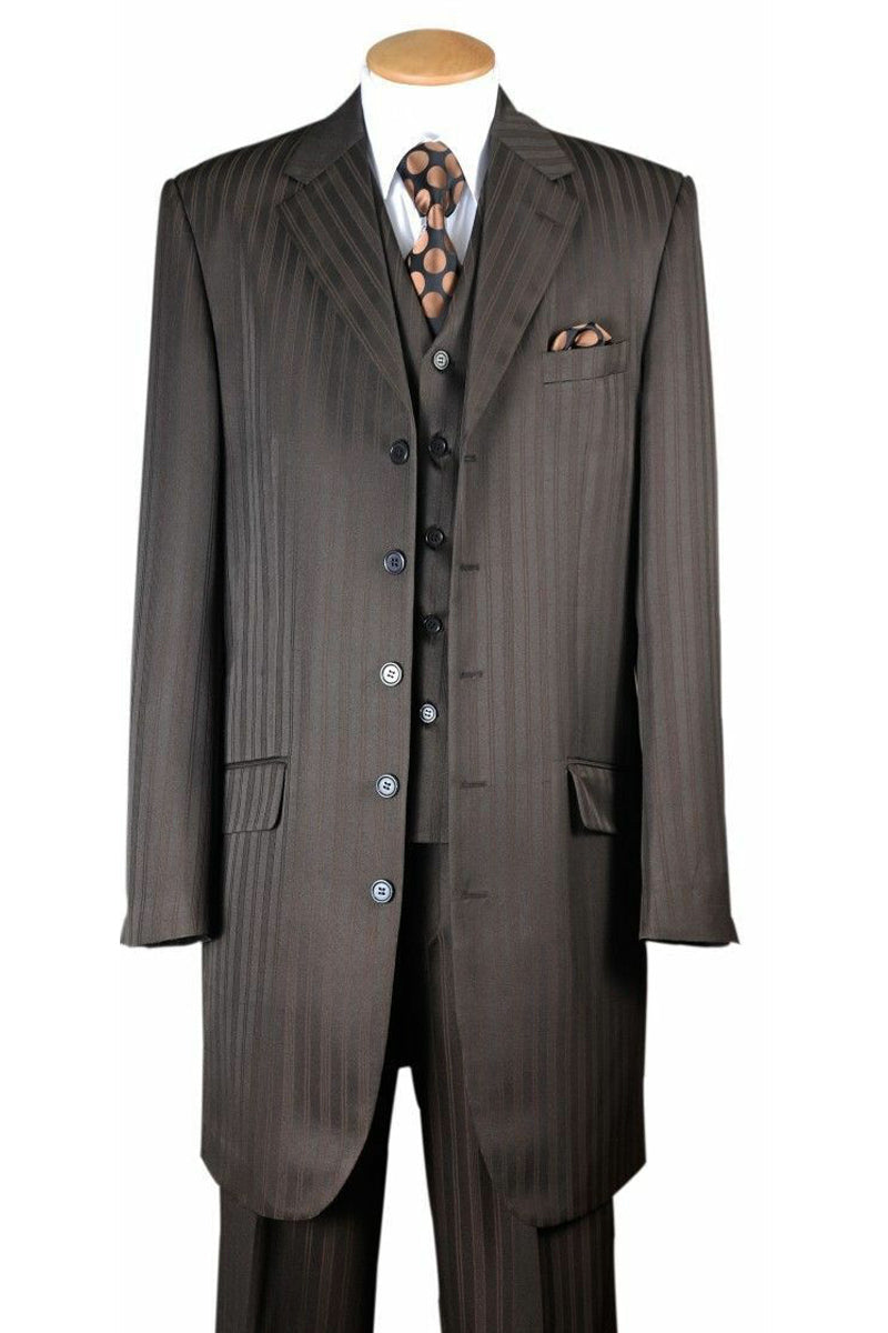 Mens Vested Long Fashion Tonal Stripe Zoot Suit in Brown
