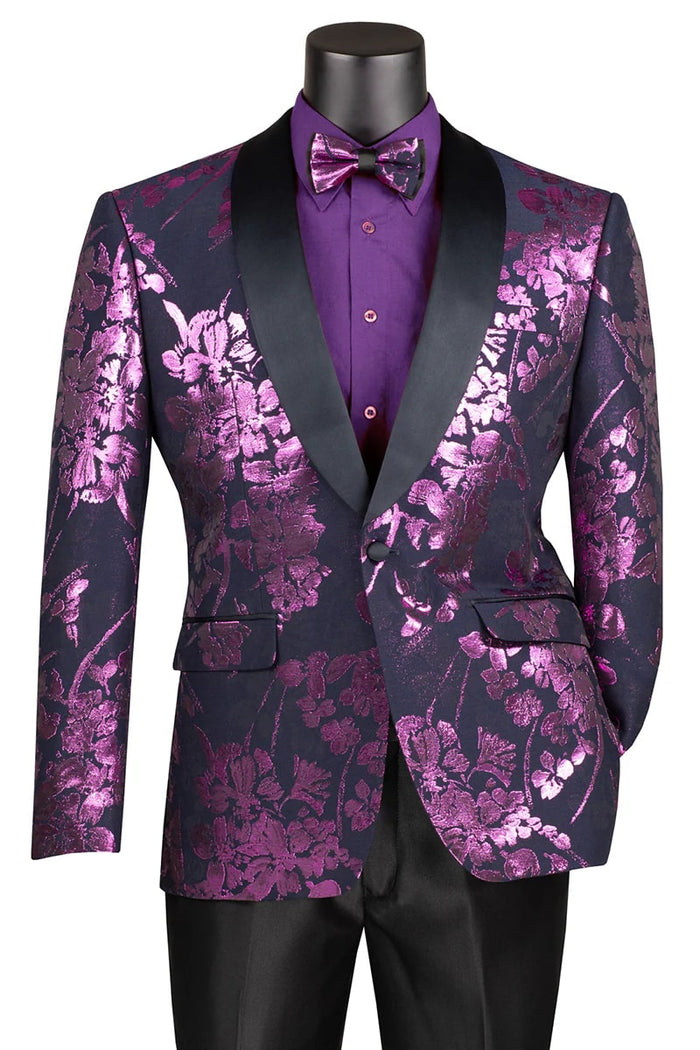 Shiny Foil Floral Paisley Tuxedo Jacket - Lavender