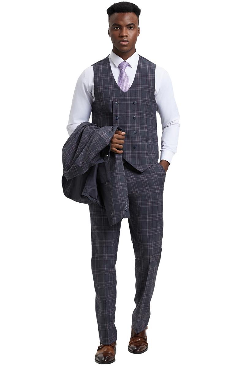 Stacy Adams Plaid One Button Peak Lapel Vest Suit