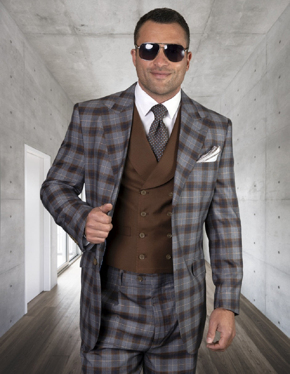 Copper Plaid Wool Suit with Double Breasted Vest