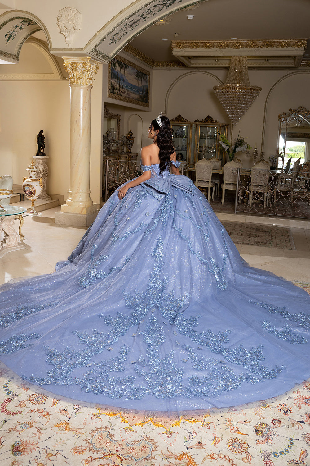 Off-Shoulder Quinceañera Ball Gown with Beaded Lace Appliques and Royal Train by Layla K LK283