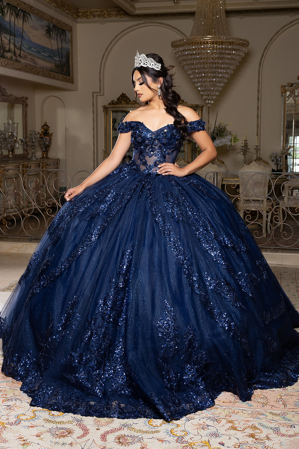 Off the Shoulder Quinceañera Ball Gown with Sequins 3D Floral Lace Sweet 16 Dress by Layla K LK285