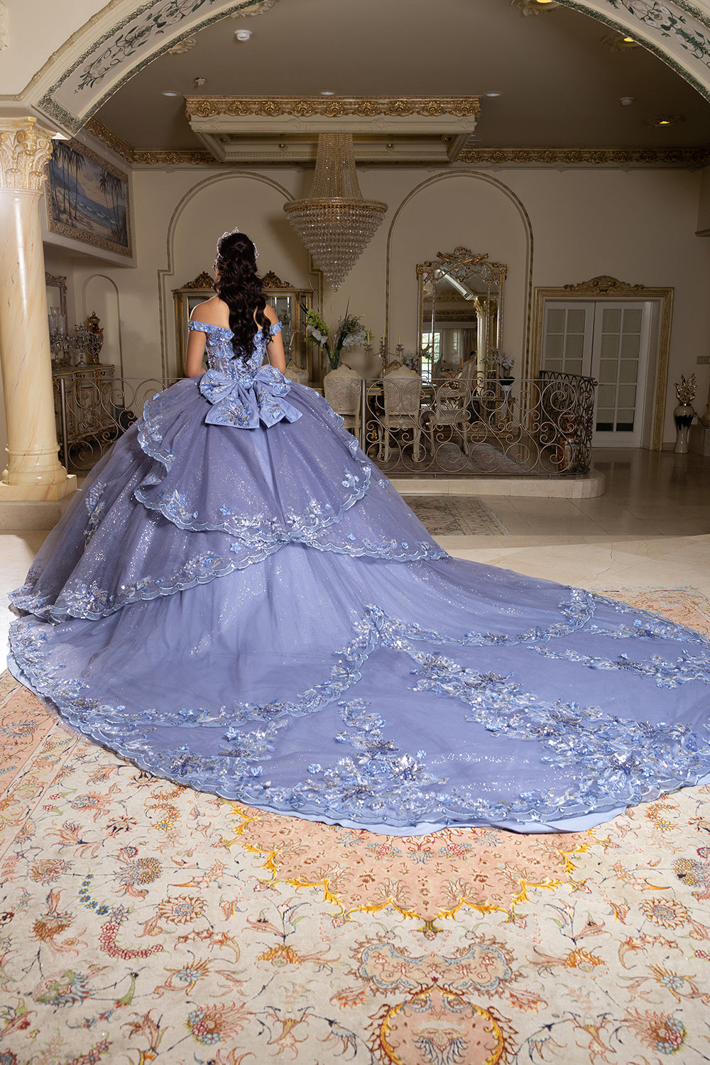 Luxurious Off The Shoulder Quinceañera Ball Gown with 3D Floral Appliqués Glitter Tulle Skirt by Layla K LK286