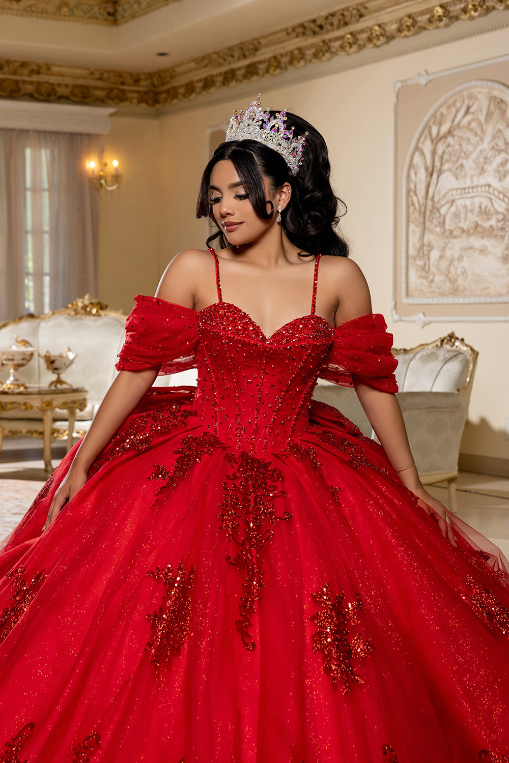 Beaded Corset Bodice Spaghetti Straps Detachable Off Shoulder Sleeves By Layla K LK287