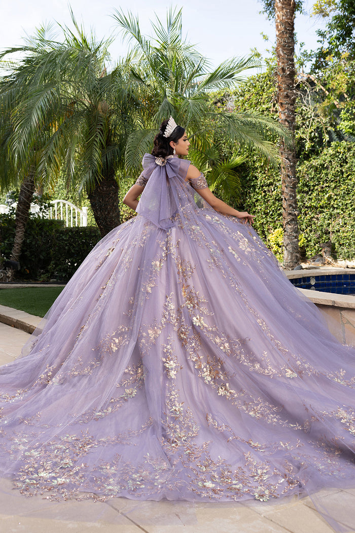 Quinceañera Ball Gown Off Shoulder Glitter Tulle Dress with 3D Floral Appliqués Long Train by Layla K LK292