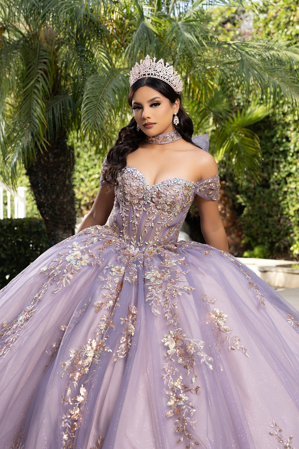 Quinceañera Ball Gown Off Shoulder Glitter Tulle Dress with 3D Floral Appliqués Long Train by Layla K LK292