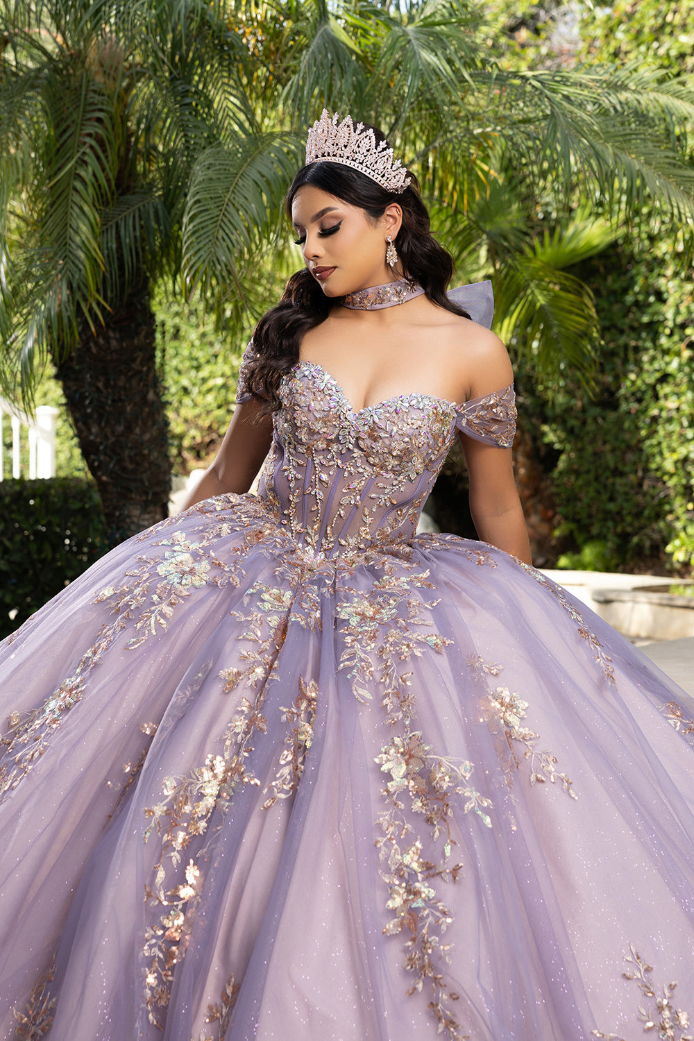 Quinceañera Ball Gown Off Shoulder Glitter Tulle Dress with 3D Floral Appliqués Long Train by Layla K LK292