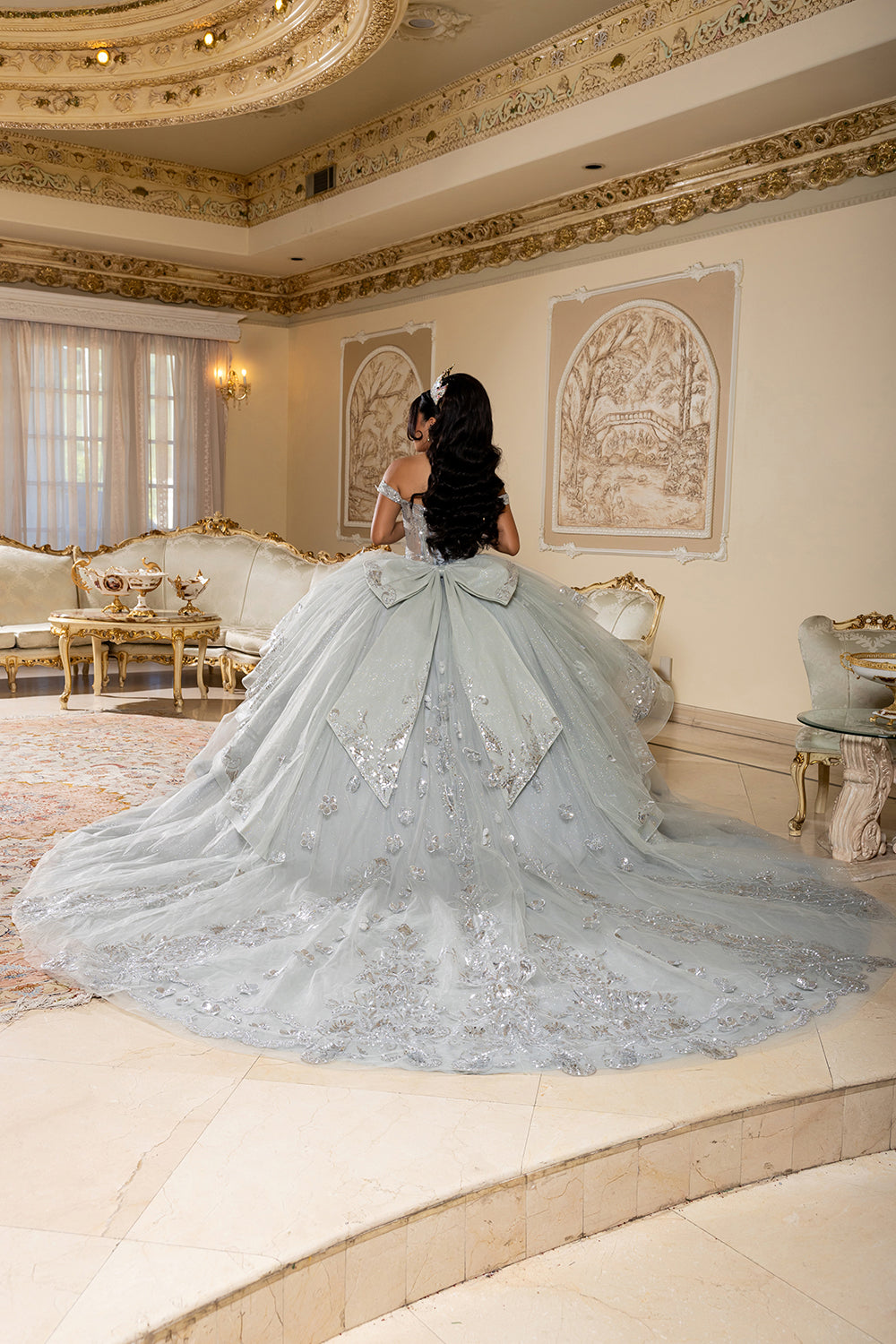 Off-Shoulder Quinceañera Ball Gown with Beaded Corset Long Train & Back Bow By Layla K LK293