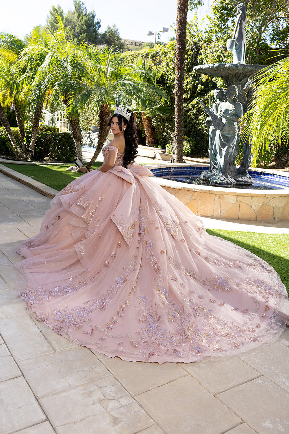 Off-Shoulder Quinceañera Ball Gown with Beaded Corset Long Train & Back Bow By Layla K LK293