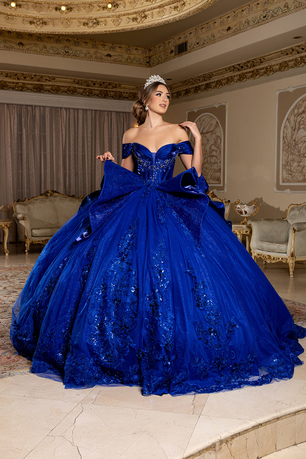 Off-Shouler Sweetheart Corset Beaded Ballgown with Detachable Bow & Train by Layla K LK297