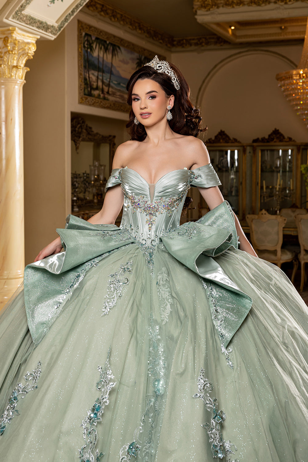 Off-Shouler Sweetheart Corset Beaded Ballgown with Detachable Bow & Train by Layla K LK297